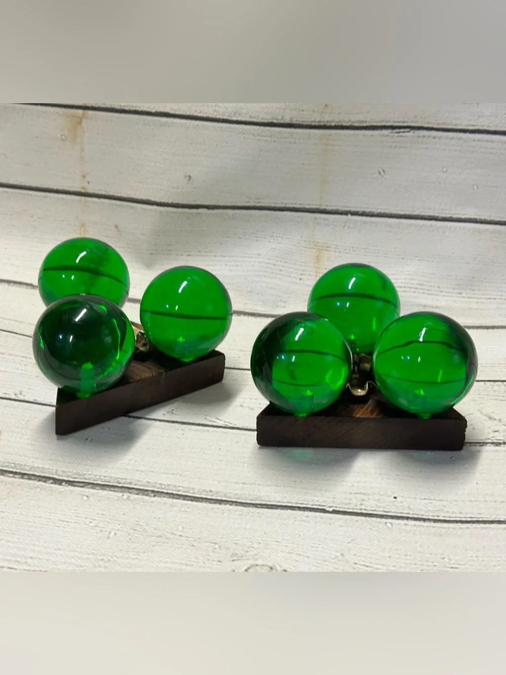 Vintage Green Lucite Atomic MCM Ball Candles & Holder Pair Triangle Wood Base